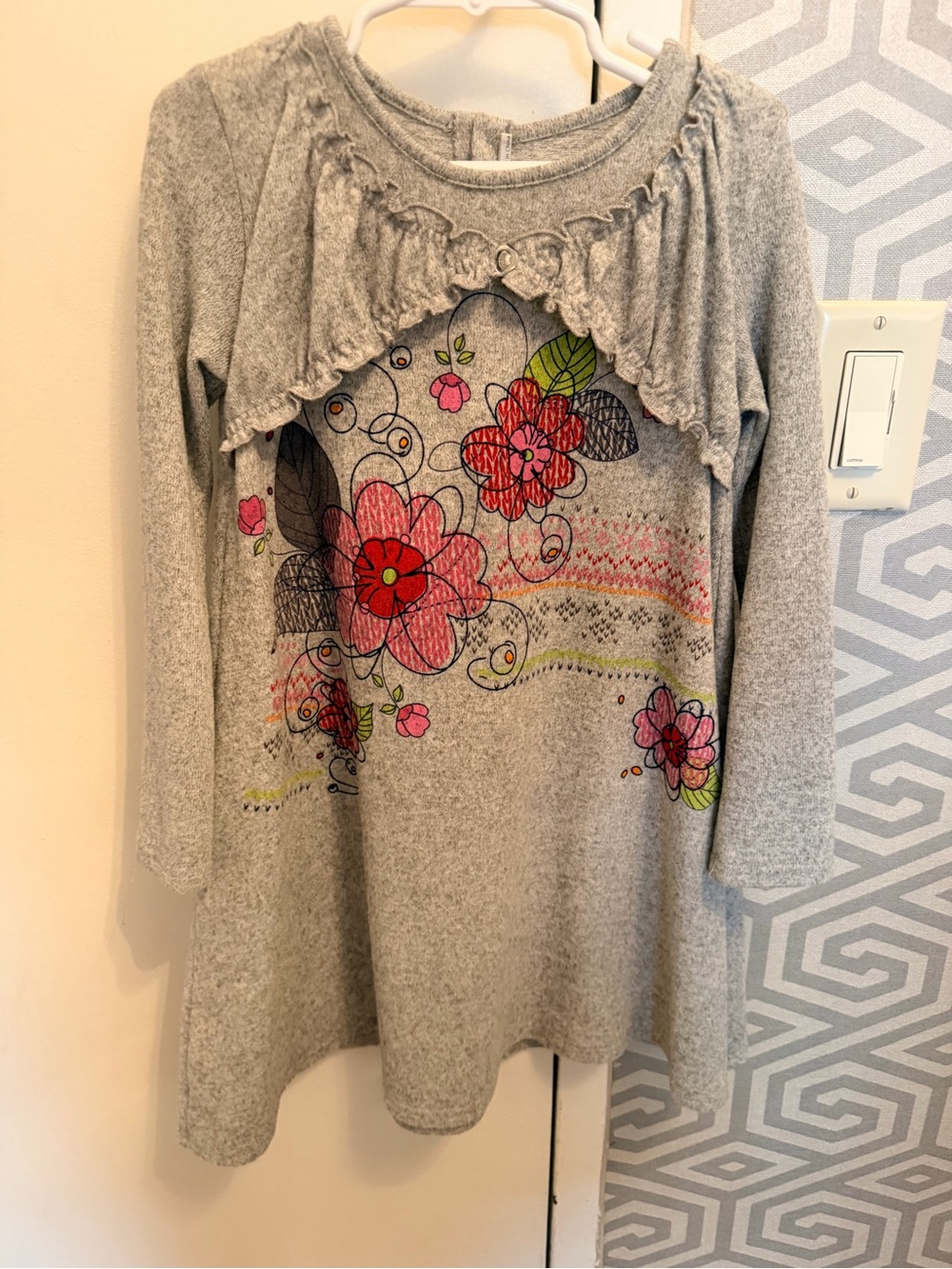 deux par deux Gray Knit Girls Pullover with Ruffle Trim